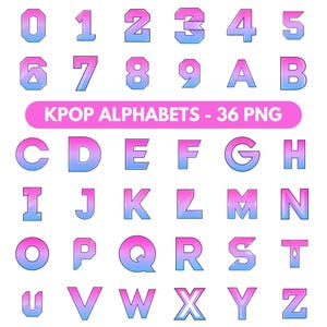 May include: A digital collection of 36 characters including numbers 0-9 and letters A-Z, featuring a pink to blue gradient with a subtle star-like texture. The text KPOP ALPHABETS - 36 PNG is centered in a pink rounded rectangle above the letters.