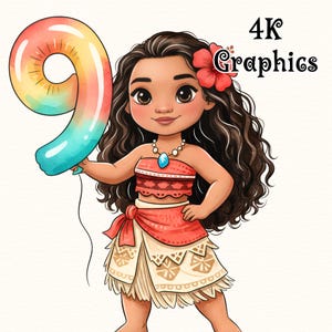 May include: A cartoon illustration of a girl holding a colorful number nine balloon. She wears a red top, a skirt with a red sash, and a flower in her hair. The image includes the text "4K Graphics".