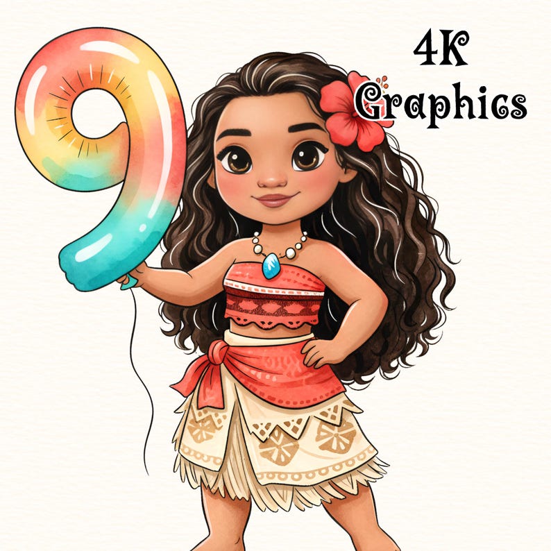 May include: A cartoon illustration of a girl holding a colorful number nine balloon. She wears a red top, a skirt with a red sash, and a flower in her hair. The image includes the text "4K Graphics".