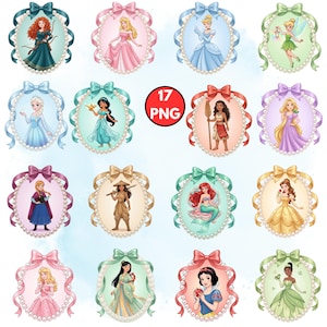 Op de afbeelding: Een verzameling van 17 PNG-afbeeldingen met verschillende tekenfilmprinsessen. Elke prinses is omlijst in een ovaal met een parelrand en een decoratieve strik bovenaan. De prinsessen worden afgebeeld in hun kenmerkende outfits, met een verscheidenheid aan kleuren.