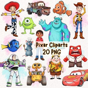 Watercolor Movie-Inspired Clipart, Toy Story, Coco, Mike, Sully, Incredibles, UP, Cars, Nemo, Dory, Woody, Hand Drawn, Cartoon Movie Clipart