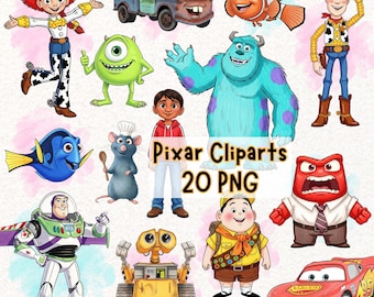 Può includere: Una collezione di 20 clipart di personaggi Pixar in formato PNG. Le immagini includono personaggi come Woody, Buzz Lightyear, Sully, Nemo e Saetta McQueen. I personaggi sono in varie pose e sono dai colori vivaci.