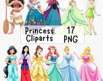 Clipart princesse PNG, princesse mignonne, anniversaire de princesse, Cendrillon, Raiponce, Belle, Elsa, Ariel, jasmin, Tiana, baby shower, oeuvre d'art pour chambre d'enfant