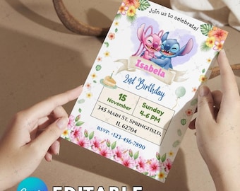 Stitch and Angel Birthday Invitation, Angel and Stitch Birthday Invitation Template Editable Stitch Invite Canva, Cute Stitch Party Invite