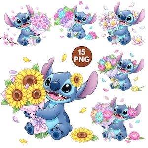 May include: A collection of cartoon images featuring a blue alien character holding bouquets of flowers. The bouquets include sunflowers, hydrangeas, and tulips. The images are in a PNG format, as indicated by the text "15 PNG".
