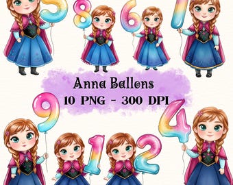 Princess Anna Ballon Cliparts, Watercolor Anna Holding Number Ballons, Princess Anna PNG, Frozen Anna Birthday Party Decor, Anna Cake Topper