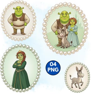 May include: Four circular illustrations of characters from the animated film Shrek. The images include Shrek, Princess Fiona, and Donkey, each surrounded by a pearl border. A blue circle with the text "04 PNG" is also present.