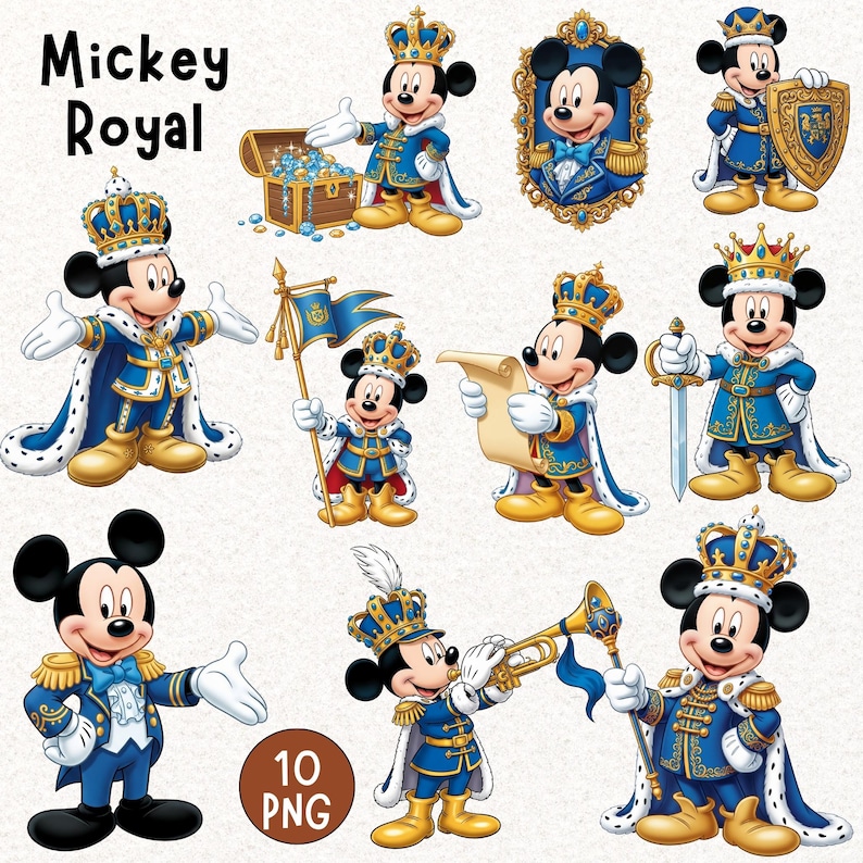 Puede incluir: Ilustraciones de Mickey Mouse con atuendos reales. Mickey se muestra en varias poses, vistiendo trajes reales azules y dorados, coronas y sosteniendo objetos como una espada, una bandera y una trompeta. El texto "Mickey Royal" est&aacute; en la parte superior, y "10 PNG" en un c&iacute;rculo marr&oacute;n.