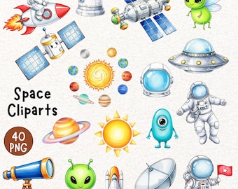 Space Clipart Watercolor PNG, Astronaut Clipart, Space Birthday Party Clipart, Cute Astronaut & Planets, Outer Space PNG, Little Space PNG