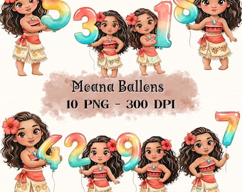 Prinsessan Vaiana ballong clipart, akvarell Vaiana som håller nummerballonger, Prinsessan Vaiana PNG, Vaiana födelsedagsfestdekor, Vaiana tårtdekoration