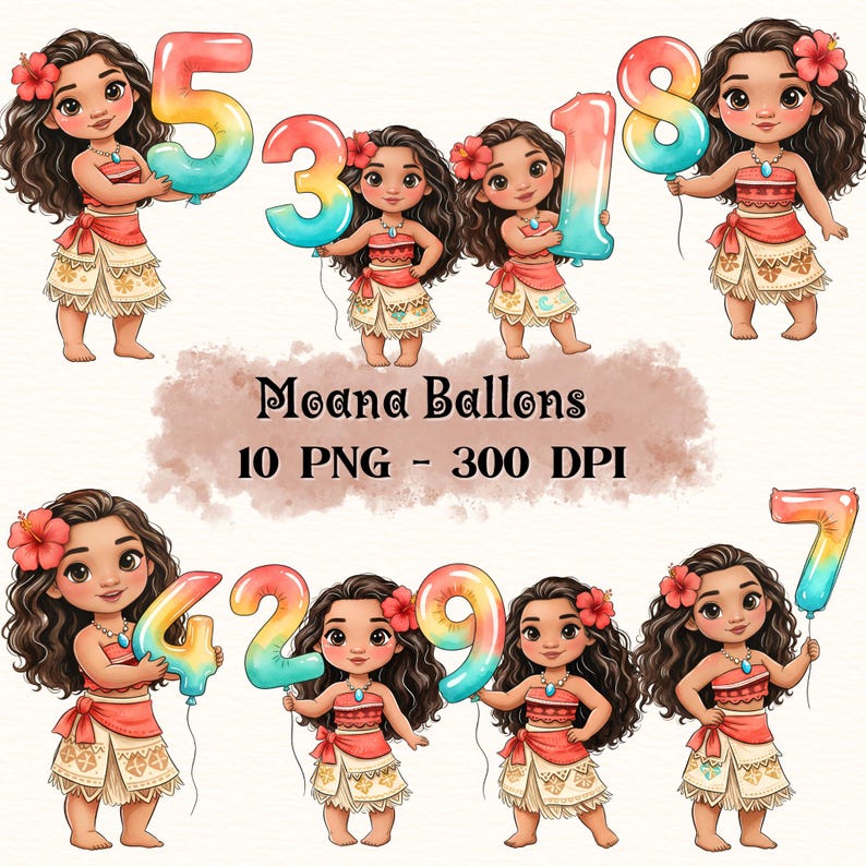 May include: Digital illustrations of a cartoon character holding number-shaped balloons. The character wears a red top, a tan skirt, and a flower in their hair. The balloons are in a gradient of colors. Text reads "Moana Balloons".