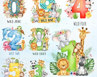 Wild One Cliparts, 0 to 9 PNGs, Watercolor Hand Drawn Wild One, Safari Jungle Animals Wild One PNG, Woodland Undersea Animals Birthday PNG