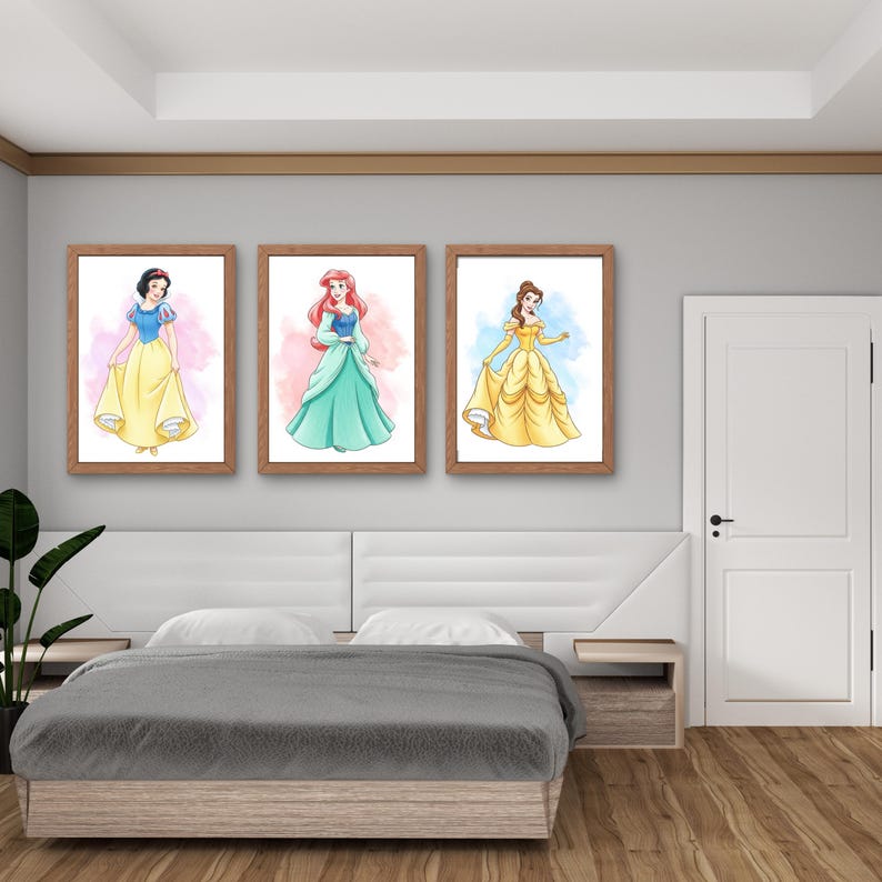 Princesses Wall Art, 16 Prints Set With Watercolor Splatter, Playroom ...