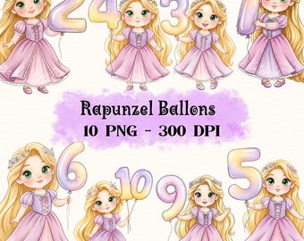 Imágenes prediseñadas de globos de la princesa Rapunzel, Rapunzel en acuarela sosteniendo un globo con número, PNG de la princesa Rapunzel, cumpleaños de Rapunzel, adorno para tarta de Enredados