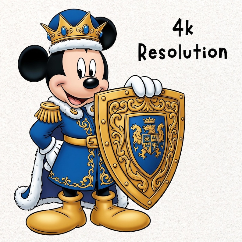 Puede incluir: Imagen de dibujos animados de Mickey Mouse vestido de rey, con un atuendo azul y dorado, una corona y un escudo dorado. El escudo tiene un dise&ntilde;o de escudo de armas. El texto "4k Resolution" se muestra en negro.