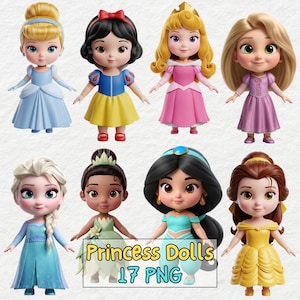 Princess Dolls Clipart PNG, Cute Doll Princess, Nursery Baby Shower, All Fairytales Princesses, Princess PNG Bundle, Cute Girl Princesses