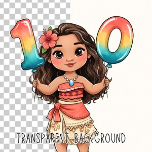 May include: A cartoon illustration of a girl holding two rainbow-colored balloons shaped like the numbers 1 and 0, forming the number 10. She wears a red top, a skirt with a bow, and a flower in her hair. The text "TRANSPARENT BACKGROUND" is at the bottom.