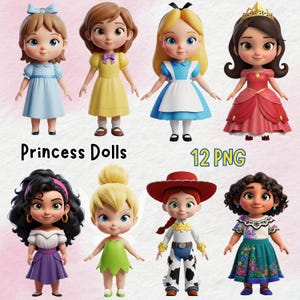 May include: Collection of eight princess dolls in various outfits. The dolls include characters in blue, yellow, red, purple, green, and white dresses. The text "Princess Dolls" and "12 PNG" are visible.
