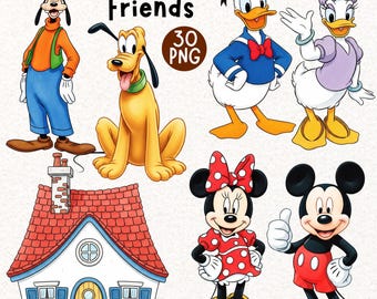 Classic Mickey Minnie Mouse Clipart, Mickey, Donald Duck, Daisy Duck, Mickey and Minnie PNG, Cute Couple Clipart, Watercolor Micky Friends