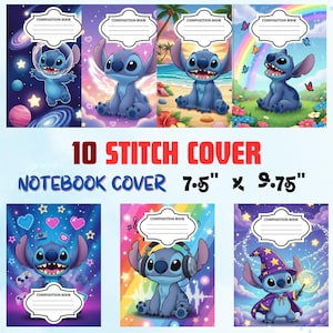 May include: A set of ten composition book covers featuring Stitch in different scenes. The covers measure 19.05 cm x 24.77 cm and show Stitch in space, at the beach, and with a wizard hat. Each cover has a white label for the composition book title.