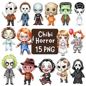 May include: A set of 15 chibi horror characters, such as Freddy Krueger and Chucky, each with distinctive features and props. The image features the text "Chibi Horror 15 PNG". The characters are in a cartoon style.