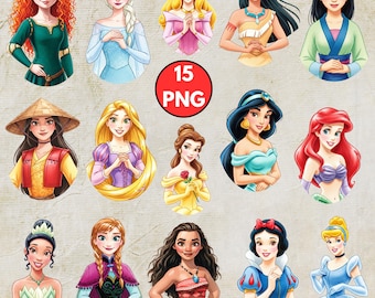 Princess Cliparts PNG, Princess Watercolor, Jasmine, Moana, Elsa, Cinderella, Ariel, Aurora, Rapunzel Family Trip PNG, Princess Nursery Art