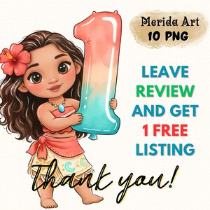May include: A digital illustration of a cartoon girl holding a large number one balloon. The balloon is ombre, transitioning from pink to blue. The girl wears a red flower in her hair and a matching outfit. Text includes "Merida Art 10 PNG" and "Thank you!"