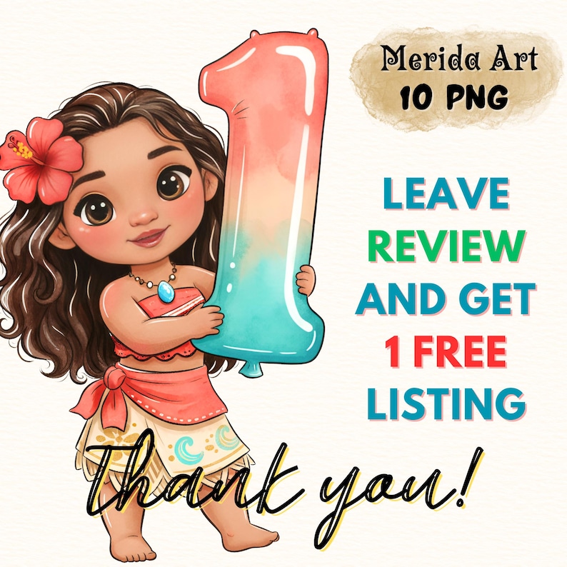 May include: A digital illustration of a cartoon girl holding a large number one balloon. The balloon is ombre, transitioning from pink to blue. The girl wears a red flower in her hair and a matching outfit. Text includes "Merida Art 10 PNG" and "Thank you!"