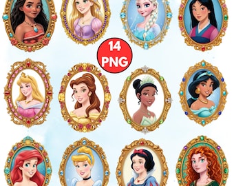 Princess Frame Cliparts PNG, Princess Watercolor, Jasmine, Elsa, Cinderella, Ariel, Aurora, Family Trip Png, Vacation Trip, Disney Princess