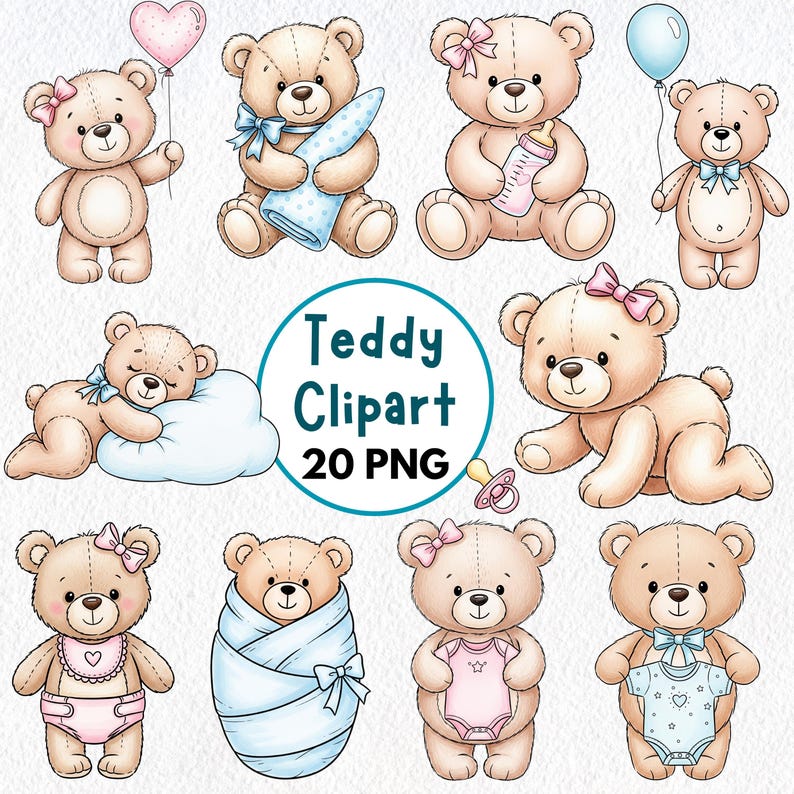 Teddy Bear Baby Shower Clipart Bundle | Boy & Girl PNG | Watercolor ...