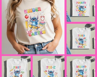 Stitch Preppy Powrót do szkoły PNG, Niebieski kosmita Powrót do szkoły PNG, Preppy od przedszkola do czwartej klasy, Urocza szkoła PNG, Szkolny zestaw koszulek