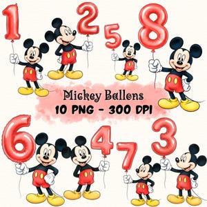 Puede incluir: Ilustración digital de Mickey Mouse sosteniendo globos rojos con números. Se muestran los números 1, 2, 3, 4, 5, 6, 7 y 8. También está presente el texto "Mickey Ballons".