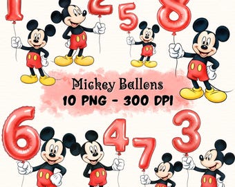Imágenes prediseñadas de globos de Mickey Mouse, Mickey en acuarela con globos, Mickey PNG, fiesta de Mickey Mouse, adorno para tarta de Mickey, globos con números de Mickey