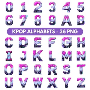 May include: A digital collection of 36 PNG files featuring the numbers 0-9 and the English alphabet letters A-Z. Each character is rendered in a stylized, crystalline design with a gradient of vibrant pink, light blue, and dark purple tones.