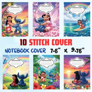 May include: A collection of ten composition book covers featuring Lilo & Stitch. Each cover showcases vibrant illustrations of the characters in various tropical settings. The covers measure 7.5" x 9.75" and include a space for the composition book title.