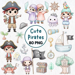 Cute Pirates Clipart PNG, Pirates Birthday Party, Watercolor Pirate, Treasure Adventure, Pirate Clipart, Pirate Ship Graphics, Nursery Decor