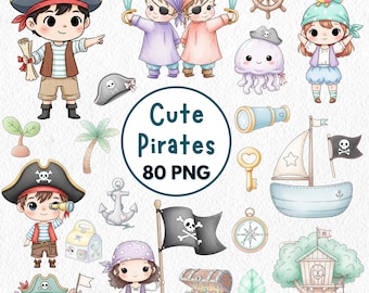 Cute Pirates Clipart PNG, Pirates Birthday Party, Watercolor Pirate, Treasure Adventure, Pirate Clipart, Pirate Ship Graphics, Nursery Decor