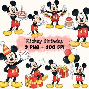 Pode incluir: Uma coleção de ilustrações de desenhos animados do Mickey Mouse em várias poses, celebrando um aniversário. Mickey é mostrado segurando um bolo, um cupcake, balões e um presente. O texto "Mickey Birthday" também está presente.