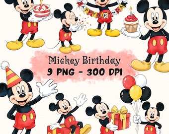 Mickey Mouse Birthday Cliparts, Watercolor Mickey PNG, Mickey PNG, Mickey Mouse Party Decor, Mickey Cake Topper, Mickey Birthday Theme Party