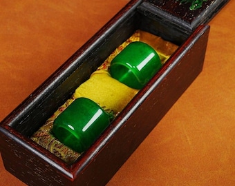 Zestaw pierścionków na kciuk w stylu Imperial Green Jade | Kolekcjonerska biżuteria w stylu chińskim vintage (pudełko z palisandru)