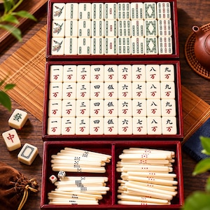 May include: A complete Mahjong set in a red wooden box. The set includes ivory-colored tiles with Chinese characters and symbols, along with dice and sticks. The tiles are neatly arranged in compartments, showcasing the game's components.