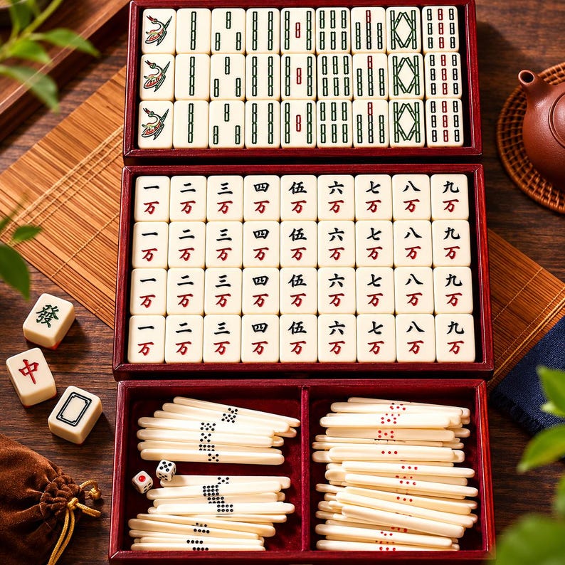 May include: A complete Mahjong set in a red wooden box. The set includes ivory-colored tiles with Chinese characters and symbols, along with dice and sticks. The tiles are neatly arranged in compartments, showcasing the game's components.