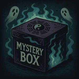 Puede incluir: Ilustración de una caja cuadrada oscura "MYSTERY BOX" con un símbolo de yin-yang en la parte superior. La caja está rodeada de humo verde y dos figuras de fantasmas. La caja tiene un diseño de telaraña en los lados.