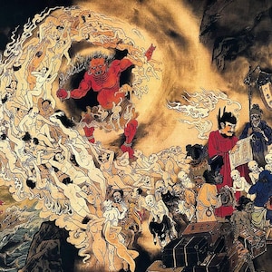 May include: A traditional Japanese artwork depicting a scene from hell. A large red demon stands amidst a swirling vortex of nude figures. Other figures, including skeletons and robed figures, are also present. The artwork has a vintage, aged appearance.