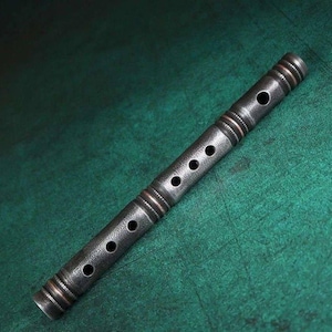 Op de afbeelding: Een donkergrijze metalen fluit met acht vingergaten en koperkleurige banden. Het instrument ligt diagonaal op een groene ondergrond. De fluit is ongeveer 30 cm lang.