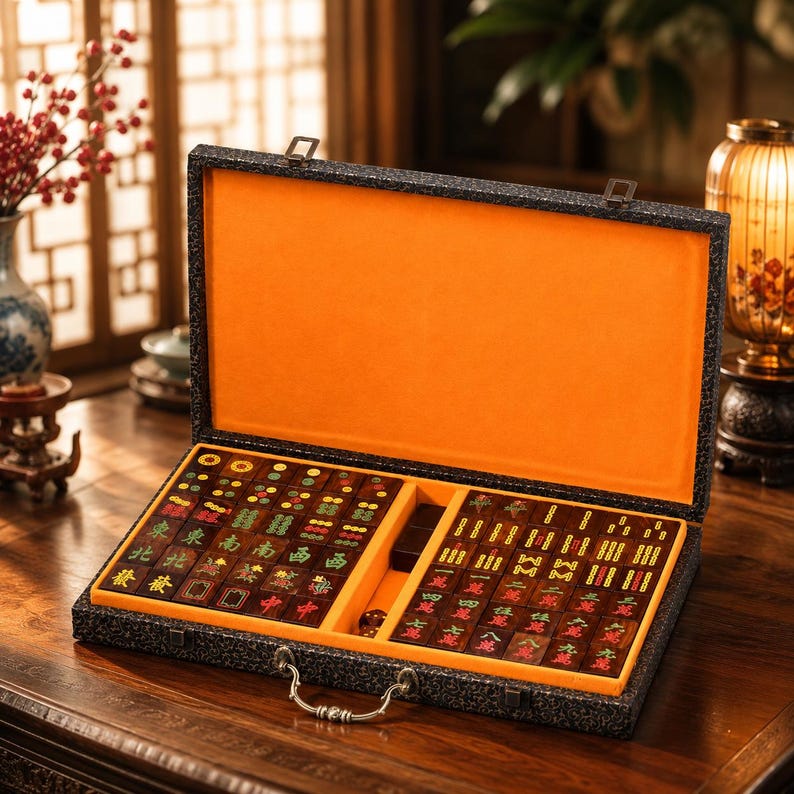 May include: Open mahjong set in a black case with an orange interior. The set includes numerous brown tiles with red, green, and yellow symbols. A handle and clasps are visible on the case. The set is displayed on a wooden surface.