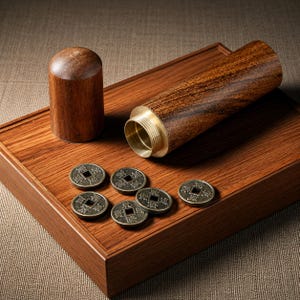 May include: A cylindrical wooden container with a removable cap and a brass threaded opening, accompanied by six round bronze-coloured metal coins featuring square centre holes and embossed Chinese characters on their surfaces.