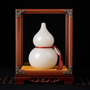 Pode incluir: Um objeto decorativo branco em forma de cabaça com uma fita vermelha e borla, exibido dentro de uma moldura de madeira. A moldura tem detalhes ornamentais nos cantos e assenta numa base de madeira decorativa. O fundo é preto.