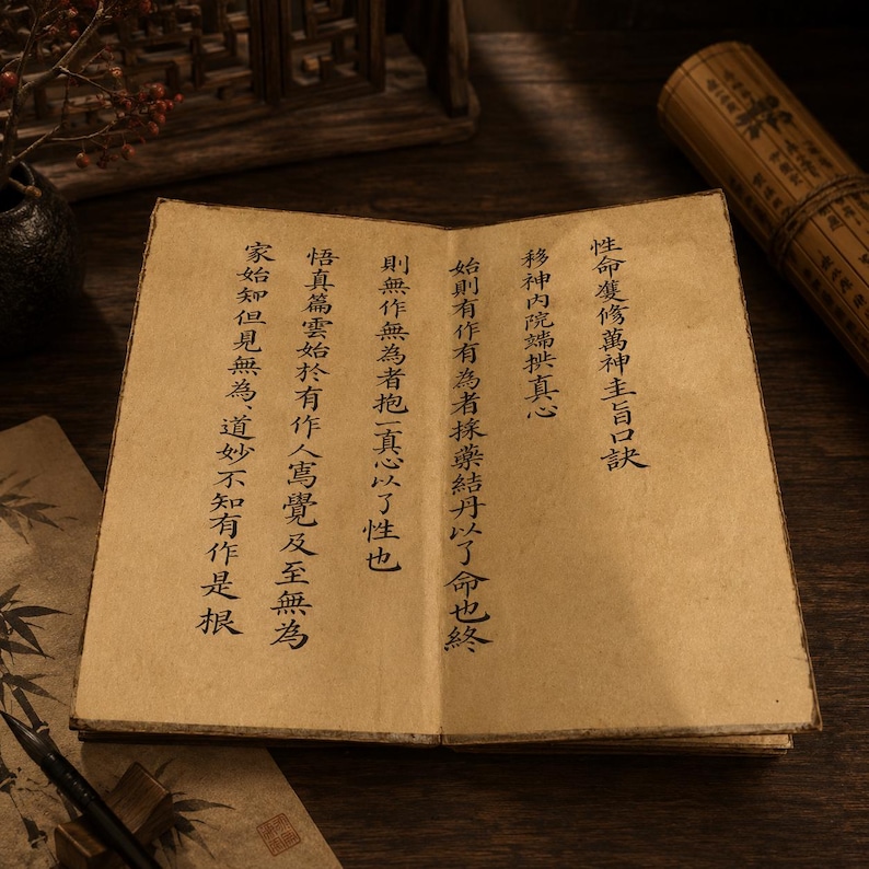 May include: An open, aged book with Chinese calligraphy on the pages. The text is in black ink on a tan background. A rolled scroll and ink brush are in the background, suggesting a historical or artistic theme.