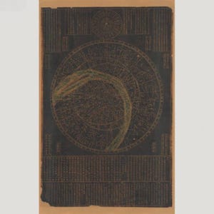 Può includere: Antica carta celeste con sfondo scuro e intricati motivi stellari. La carta presenta un grande cerchio centrale con costellazioni e simboli zodiacali, circondato da testo e un diagramma circolare in alto. La carta ha un aspetto invecchiato.